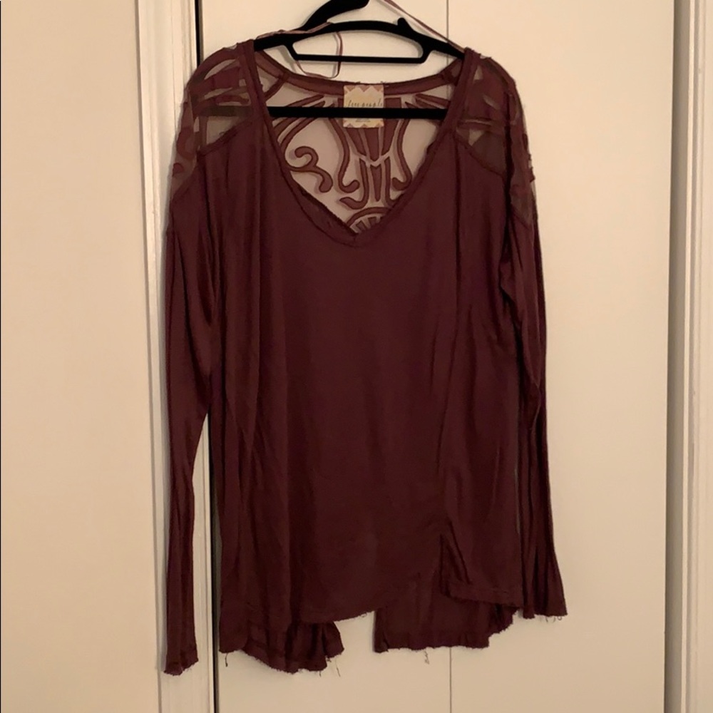 Long sleeve purple blouse with cutout/mesh detail
